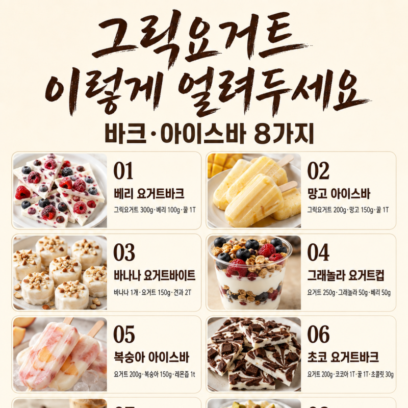 그릭요거트 얼려두면 간식 걱정 끝 — 바크·아이스바 8가지