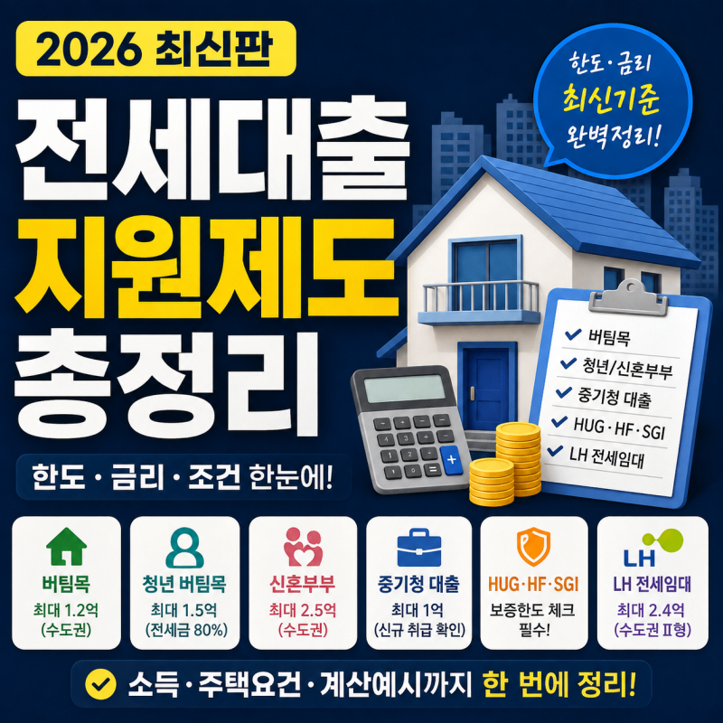 2026 전세 지원제도 정리 - 버팀목·청년·신혼부부·중기청·HUG·HF·SGI·LH 한도 총정리