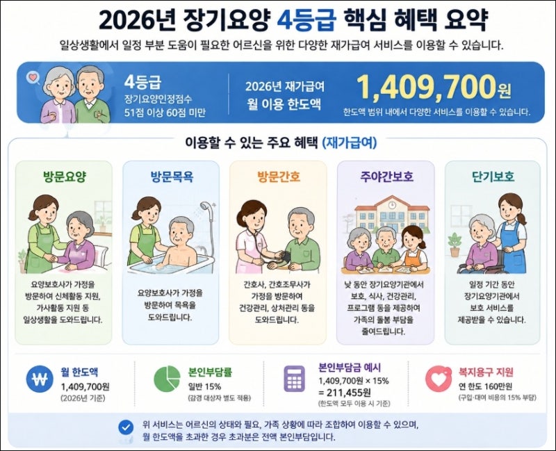 2026년 노인장기요양 4등급 혜택, 월 한도액 140만9700원 어떻게 사용할까?