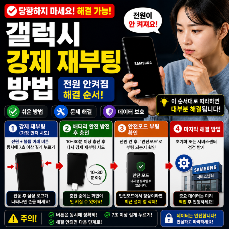 갤럭시 강제 재부팅 방법 전원 안켜짐 해결 순서