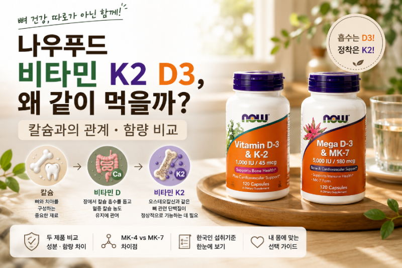 나우푸드 비타민 K2 D3, 왜 같이 먹을까? MK-4·MK-7 차이 비교