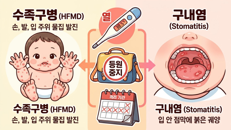 아기 수족구병 초기 증상과 구내염 차이 및 등원 중지 기준 완벽 정리