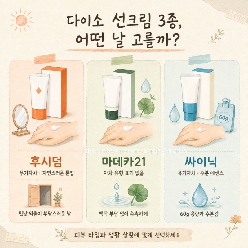 다이소 선크림 3종 비교, 후시덤 마데카21 싸이닉 성분과 가성비