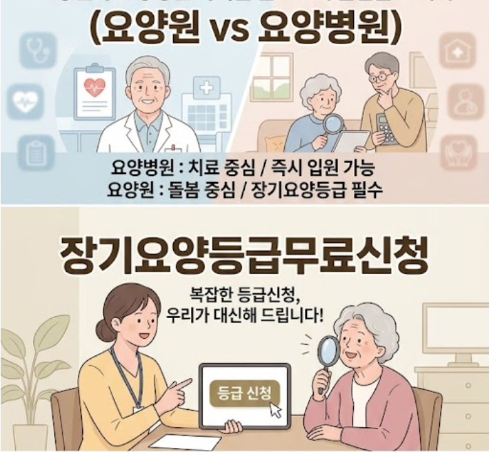 요양원vs요양병원 무엇이 다를까(장기요양등급 무료 신청 & 요양보호사 서비스 안내)