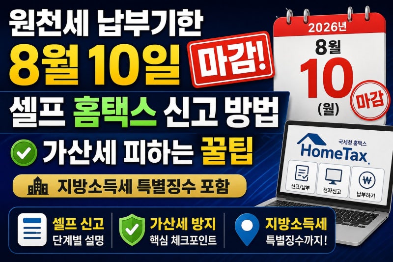 원천세 납부기한 8월 10일 다음주 월요일 마감! 셀프 홈택스 신고 방법 및 가산세 피하는 꿀팁....