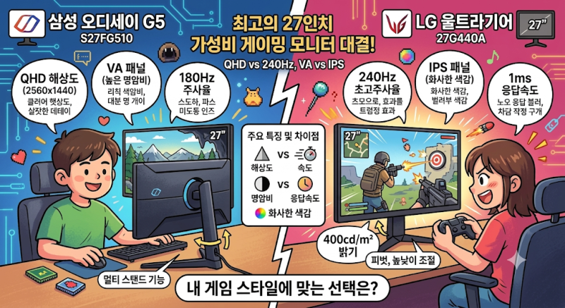 27인치 게이밍 모니터 비교: 삼성 G5 S27FG510 vs LG 27G440A 장단점 총정리