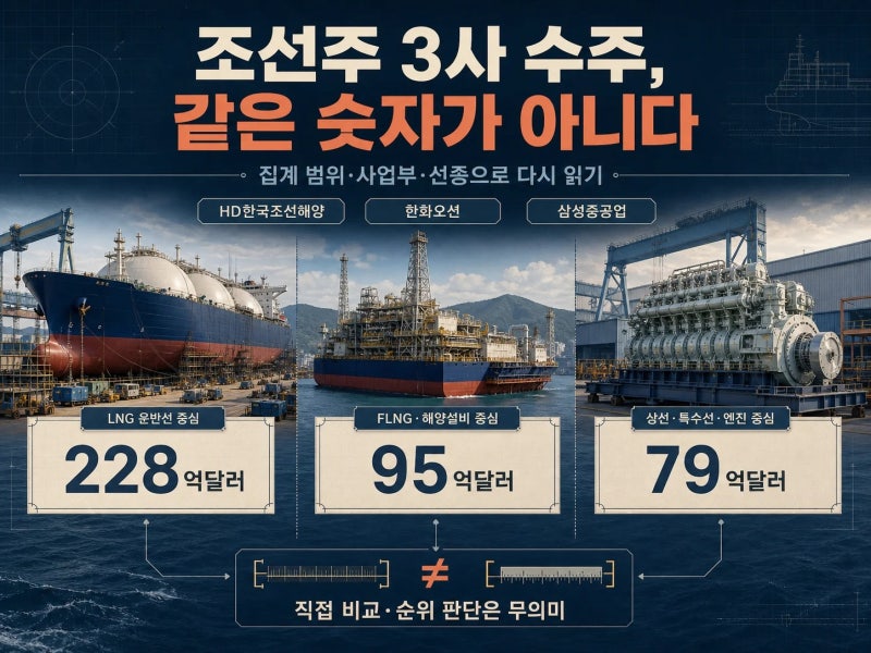조선주 3사 수주 구성 차이 | HD한국조선해양 엔진, 한화오션 특수선, 삼성중공업 해양 (+ 수주....