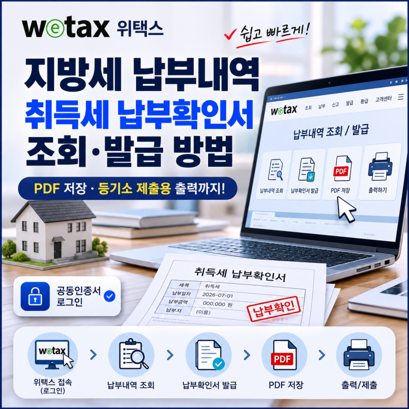 '위택스(Wetax)에서 지방세 납부내역 및 취득세 납부확인서 조회·발급하는 방법' 공동인증서 ....