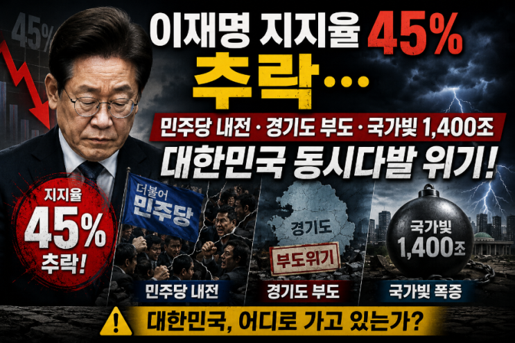 <b>이재명</b> 지지율 45% 추락…민주당 내전·경기도 부도·국가빚 1,400조, ....