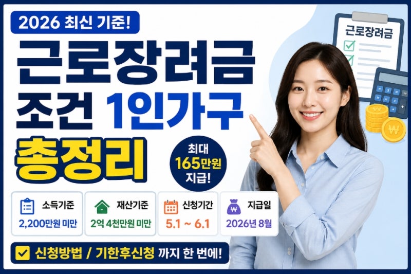 2026 근로장려금 조건 1인가구 총정리｜소득·재산 기준부터 최대 165만원 신청방법까지