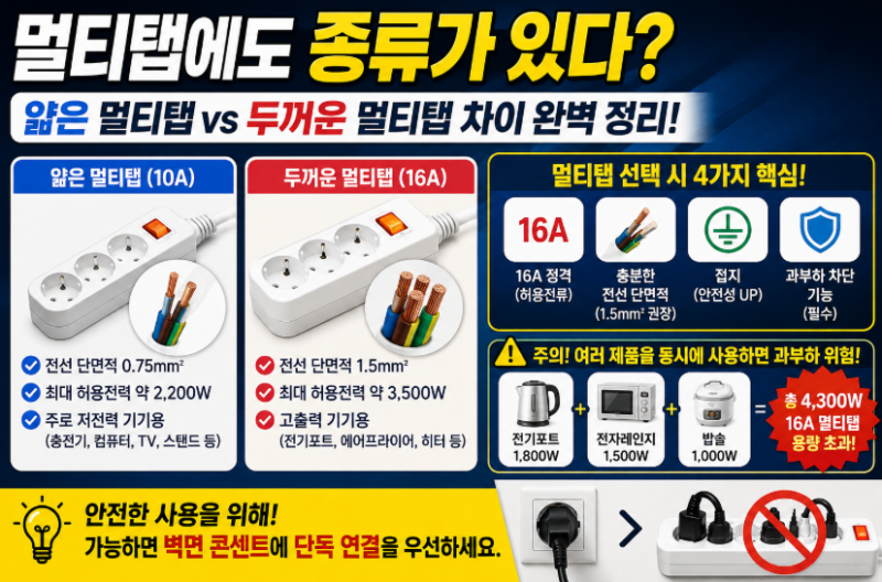 멀티탭에도 종류가 있다? 두꺼운 게 있고 얇은 게 있다던데 어떤 차이가 있는 건지?