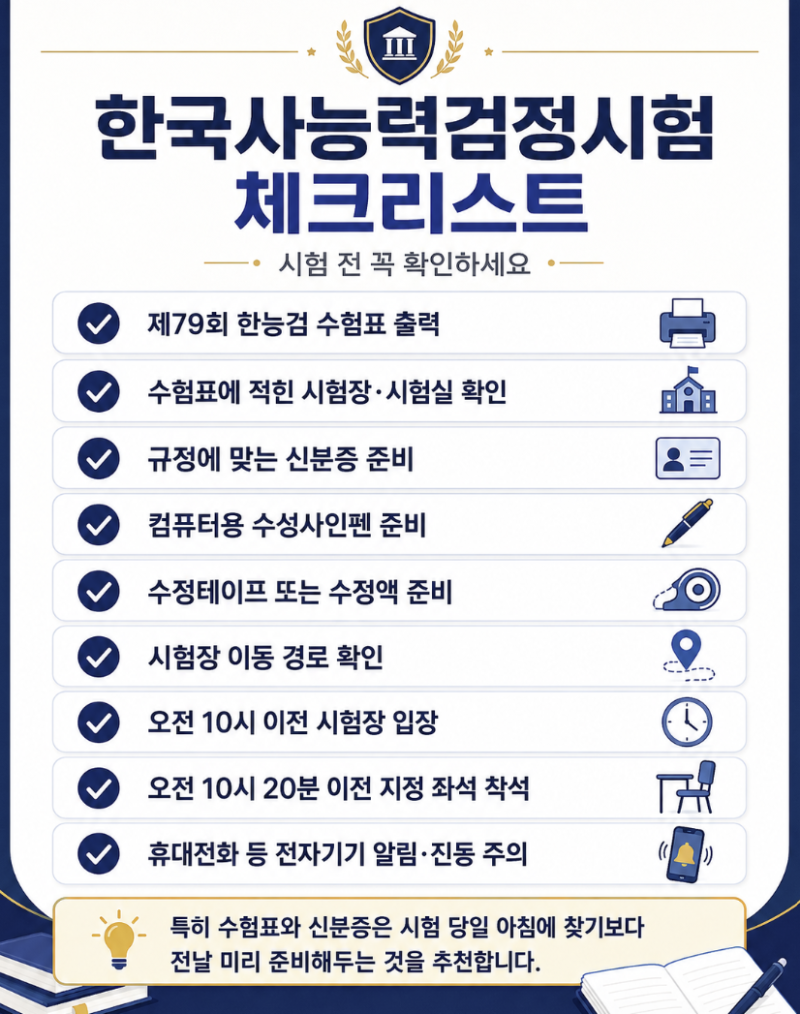 제79회 한국사능력검정시험 준비물 체크리스트｜한능검 수험표·신분증·입실시간까지