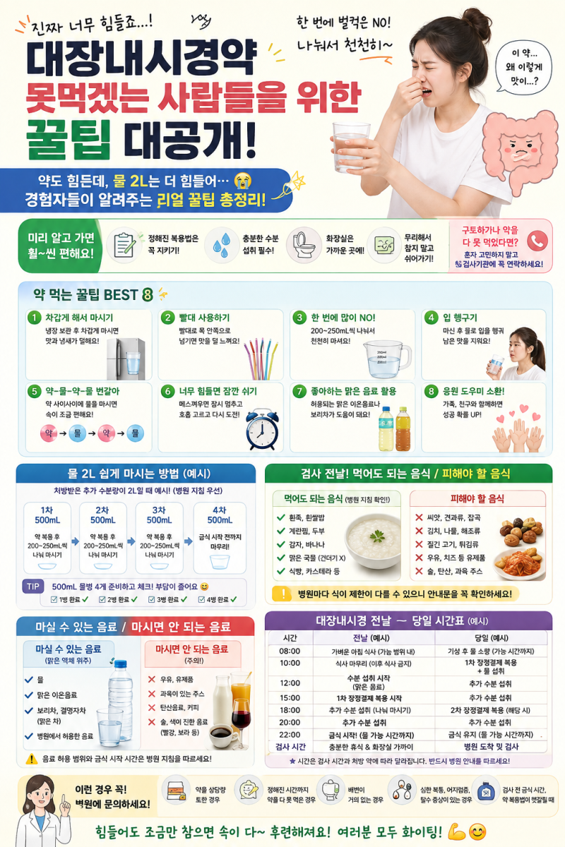 대장내시경약 못 먹겠는 사람들을 위한 꿀팁! “약보다 물이 더 힘들어요…” 장정결제 쉽게....