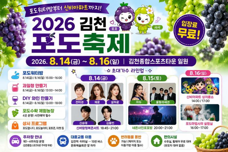 [경북/축제]2026 김천포도축제 일정 총정리｜출연가수·포도워터밤·체험예약·주차장 안내
