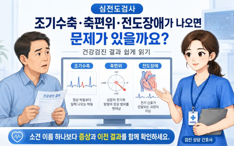 건강검진 심전도에서 조기수축·축편위·전도장애가 나오면 문제가 있을까요? 건강검진 결과....