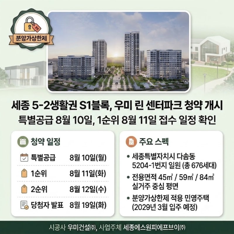 세종 우미 린 센터파크 청약일정 총정리｜특별공급 8월 10일, 1순위 8월 11일