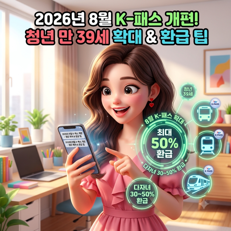 2026년 8월 K-패스 대확대: 청년 적용 연령 만 39세 상향 & 다자녀 가구 30~50% 환급 확대 조건 완....