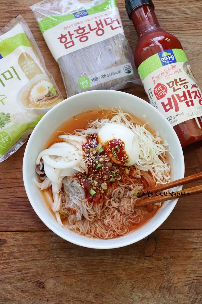 면사랑 함흥냉면 사리와 냉면육수, 비빔장으로 오징어비빔냉면 만들기