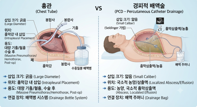 [신규 간호사 실무] 흉관(Chest tube) vs PCD 흉수 환자 배액관 차이와 간호 총정리