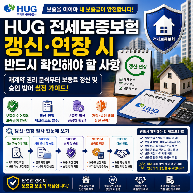 'HUG 전세보증보험 갱신·연장 시 반드시 확인해야 할 사항' 재계약 권리 분석부터 보증료 정....