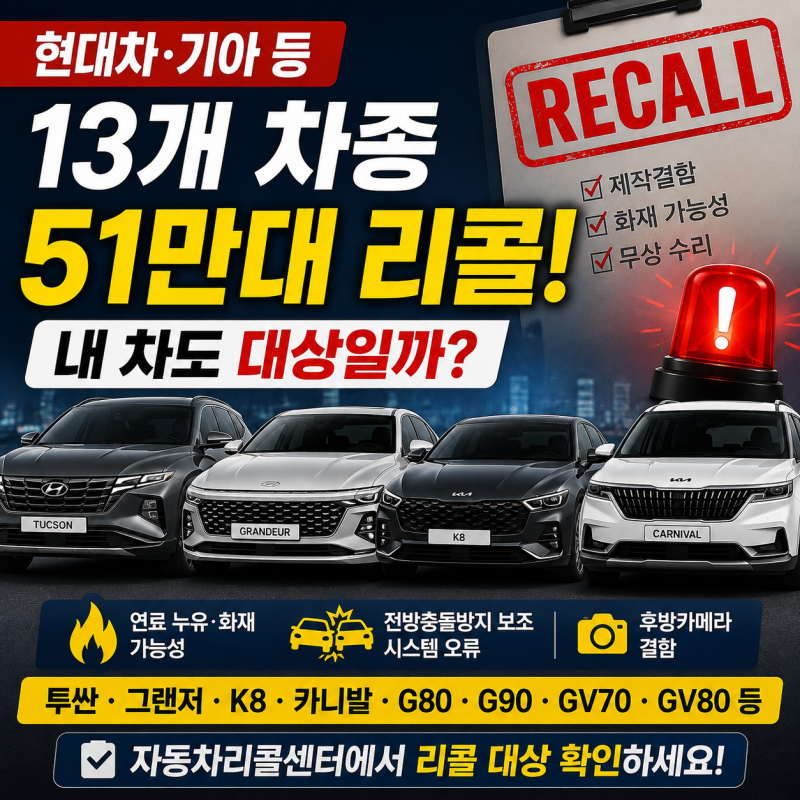 현대차, 기아 등 13개 차종 51만대 리콜 투싼 그랜저 K8 카니발 대상 확인