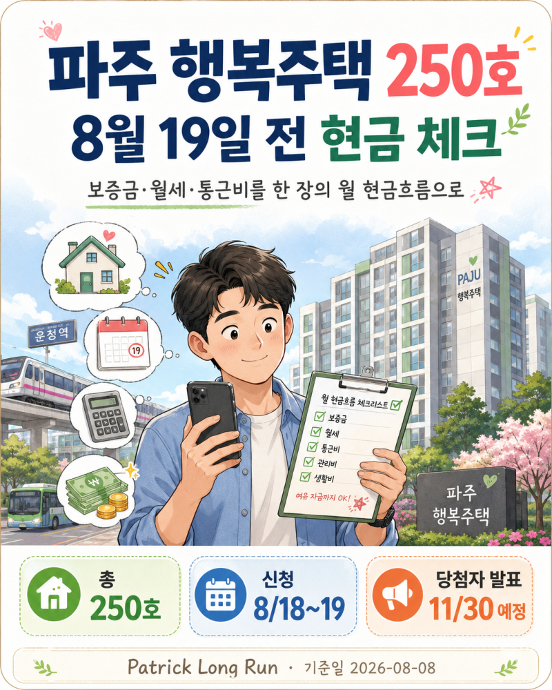 파주 행복주택 250호, 8월 19일 전 현금 체크