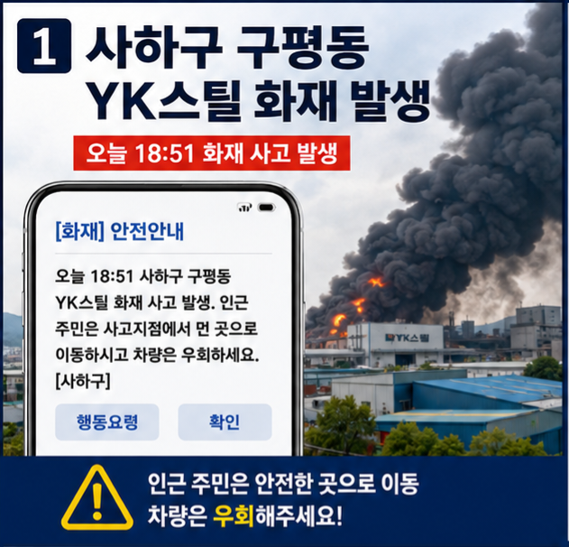부산 사하구 구평동 YK스틸 화재 발생…유해물질 주의:인근 주민 대피·차량 우회 안내