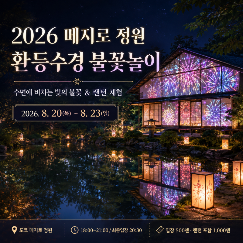2026 도쿄 메지로 정원 환등수경 불꽃놀이｜8월 20~23일 수면에 비치는 빛의 불꽃·랜턴 체험
