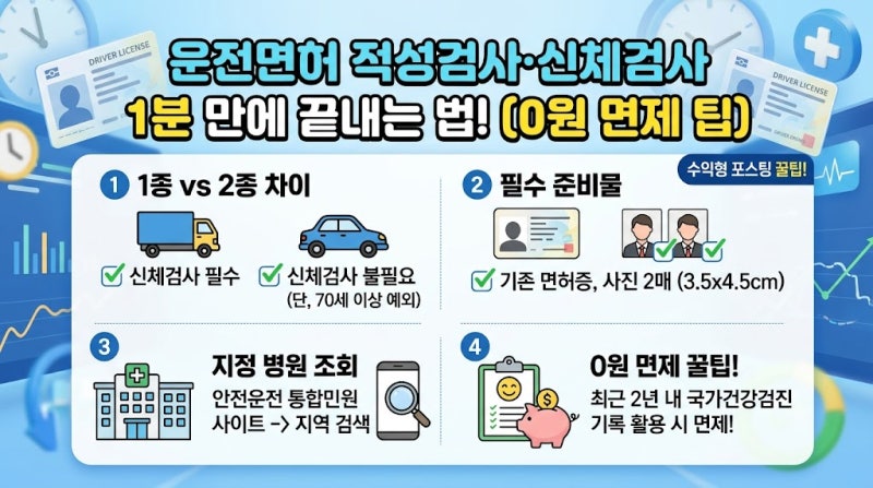 신체검사 수수료 면제 팁 + 운전면허 적성검사 병원 조회 방법... 1종 2종 차이 & 준비물