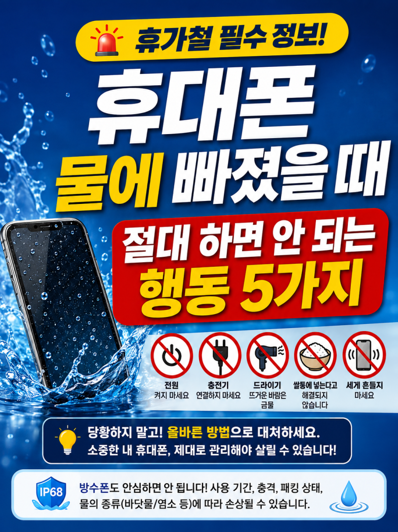 휴대폰 물에 빠졌을 때 절대 하면 안 되는 행동 5가지｜전원·충전·드라이기 주의｜