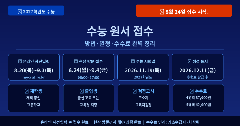2027학년도 수능 원서 접수 방법·일정·수수료 완벽 정리