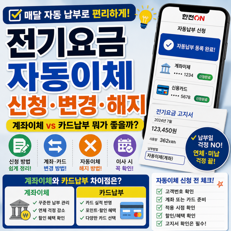 전기요금 자동이체 신청·변경·해지 방법, 계좌이체와 카드납부까지 정리