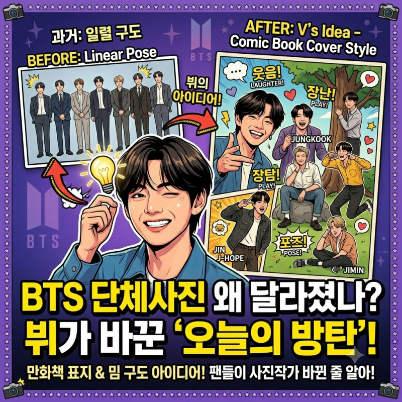 BTS 단체사진 왜 달라졌나…뷔가 바꾼 ‘오늘의 방탄’