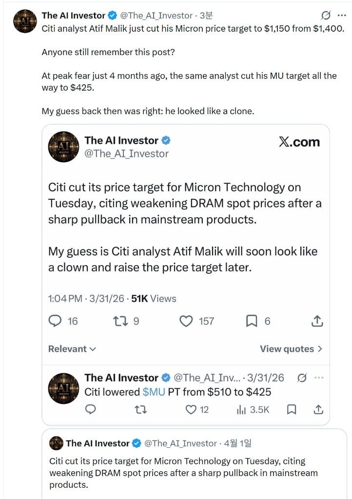 [MU] 목표 주가 하향한 애널리스트는 4개월 전 TP를 $425로 했었음