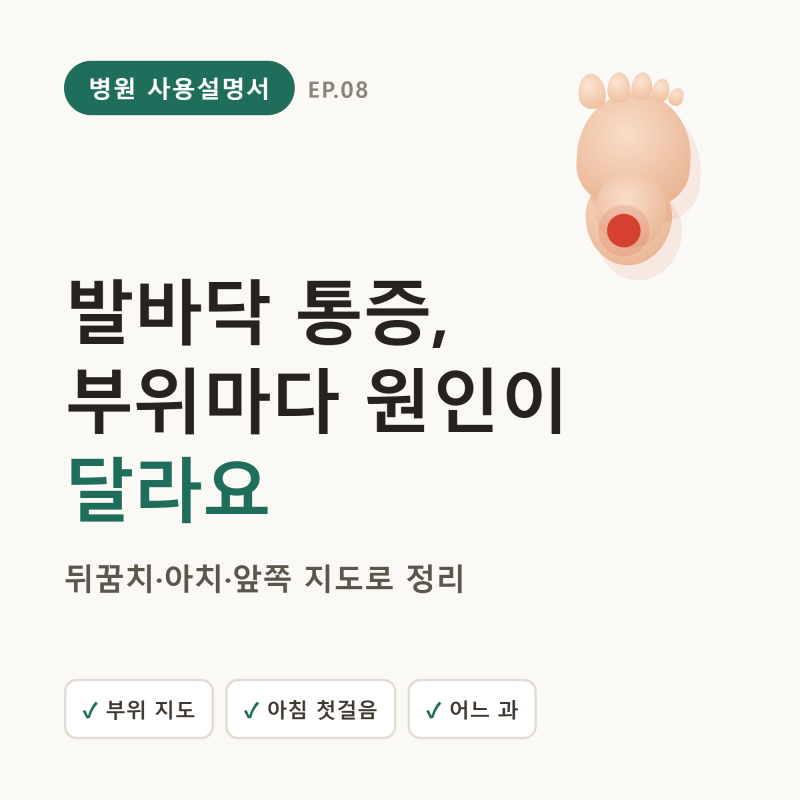 발바닥 통증, 부위마다 원인이 달라요 (뒤꿈치·아치·앞쪽 지도로 정리)