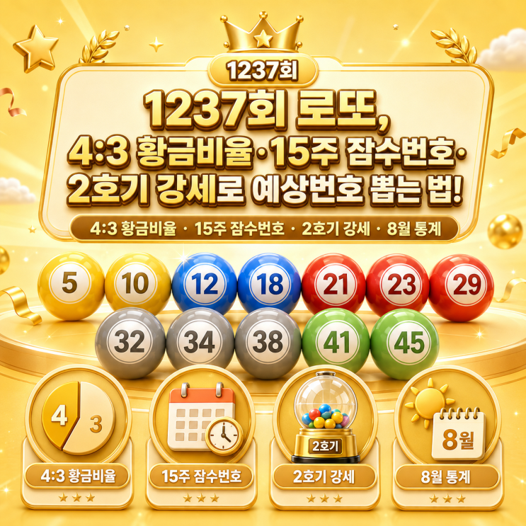 <b>1237회 로또</b><b>번호</b>, 4:3 황금비율,15주 잠수<b>번호</b>,2호기 강세 예상<b>번호</b> 뽑....