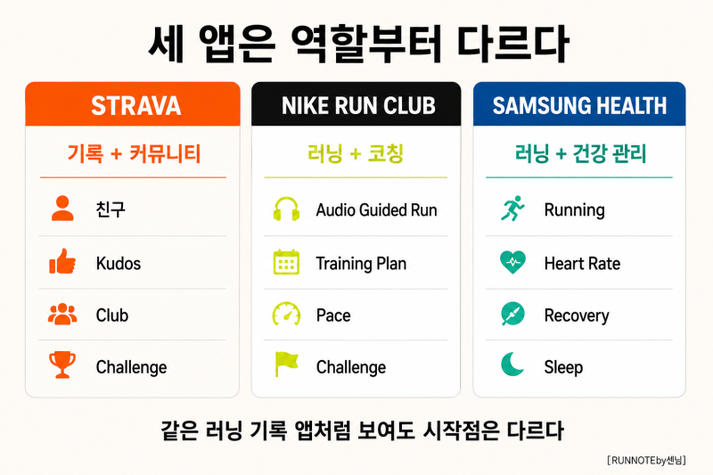 2026 러닝 앱 비교｜스트라바·나이키 런 클럽·삼성 헬스, 초보 러너에게 맞는 앱은?