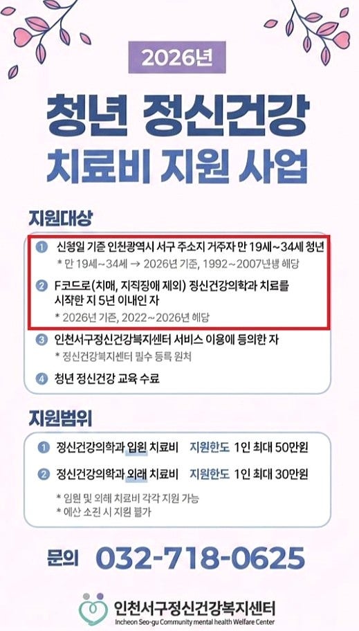 인천 마음 정신의료비 지원사업｜정신과 외래 진료비·통원 치료비 지원금