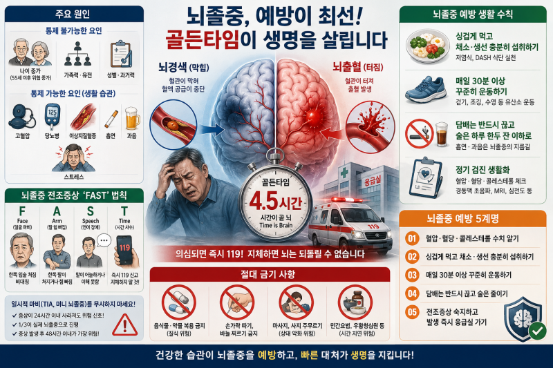 뇌졸중(간질 = 뇌경색 + 뇌출혈) : 원인, 전조증상, 증상, 응급대처요령, 치료방법, 예방방법