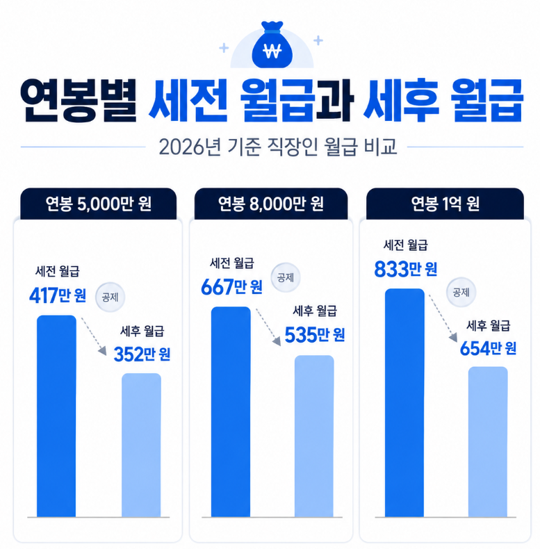 2026년 기준 직장인 연봉별 세전 월급과 세후 월급, 연봉 1억이면 얼마 받을까?
