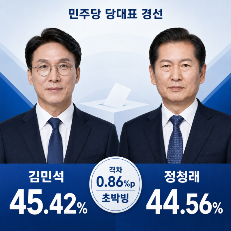 민주당 전당대회 초박빙 판세…김민석 45.42%·정청래 44.56%, 격차 0.86%p