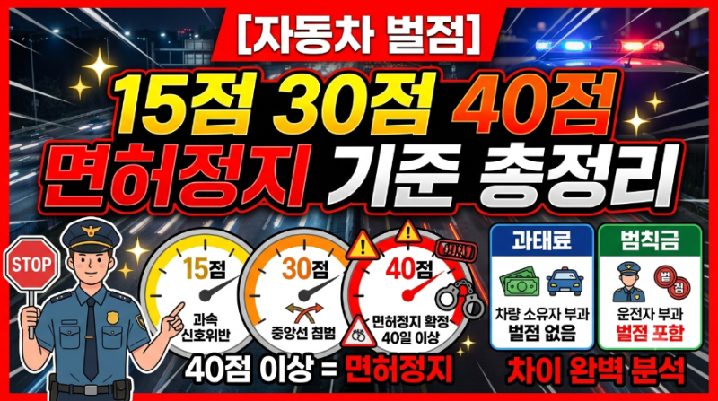 [자동차 벌점] 15점 30점 40점 면허정지 기준 총정리 (+과태료범칙금 차이)