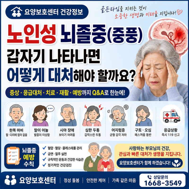 노인성 뇌졸중(중풍), 갑자기 나타나는 증상 어떻게 대처해야 할까요?요양보호센터에서 알려....