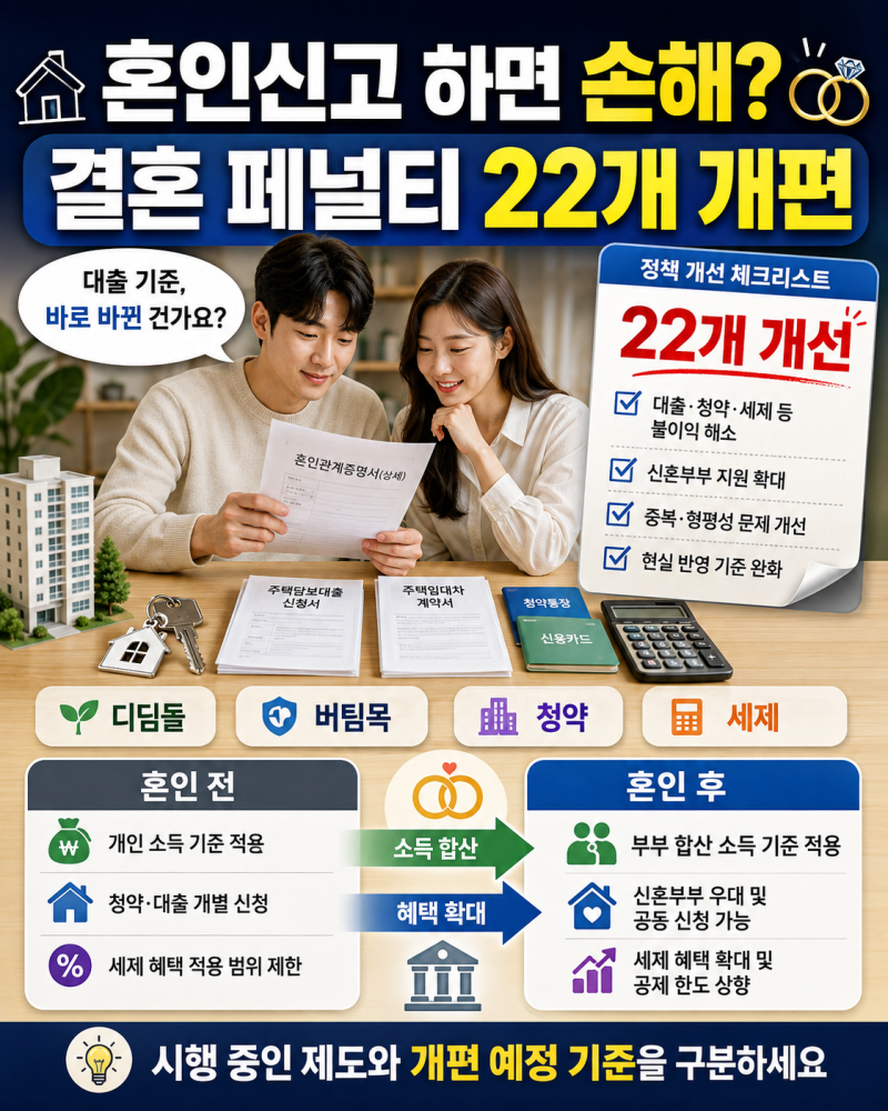 혼인신고 하면 손해? 결혼 페널티 22개 개편, 디딤돌·버팀목 대출 뭐가 달라지나
