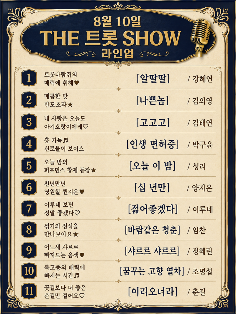 더트롯쇼 출연진 공개, 2028년 8월 10일 라인업은?