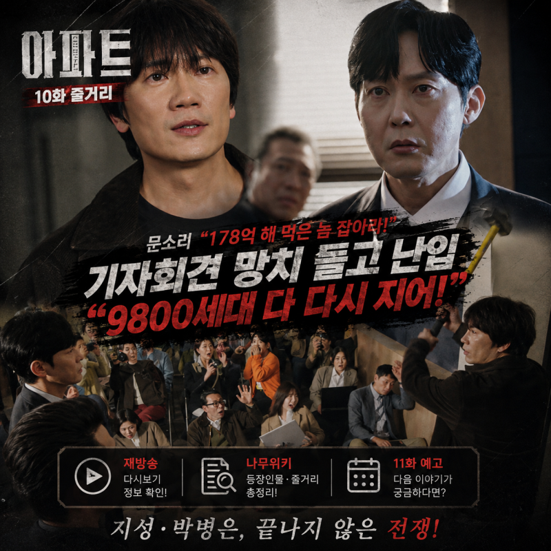 아파트 10화 줄거리, 문소리 “178억 해 먹은 놈 잡아라!” 지성 박병은 기자회견 망치 들고 난....