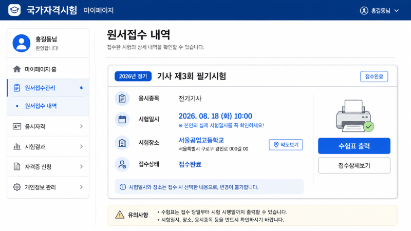 2026 기사 3회 필기시험 일정 수험표 출력 시험장소 준비물 합격발표 조회