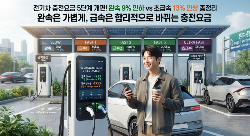 전기차 충전요금 5단계 개편 — 완속 9% 인하, 초급속 13% 인상 총정리