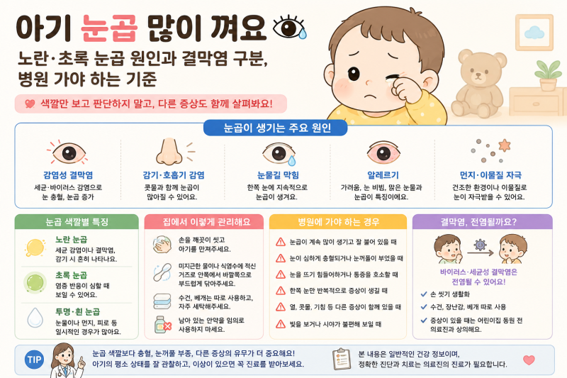 아기 눈곱 많이 껴요 노란·초록 눈곱 원인과 결막염 구분, 병원 가야 하는 기준