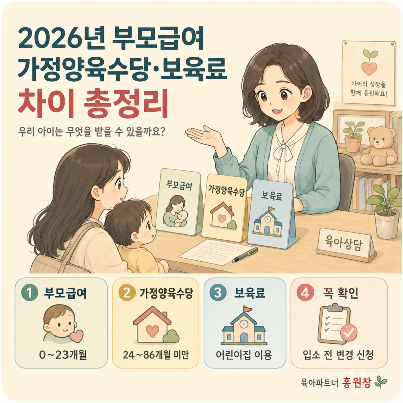 2026년 부모 급여·가정양육수당·보육료, 우리 아이는 무엇을 받을 수 있나요? 연령별 지원금....